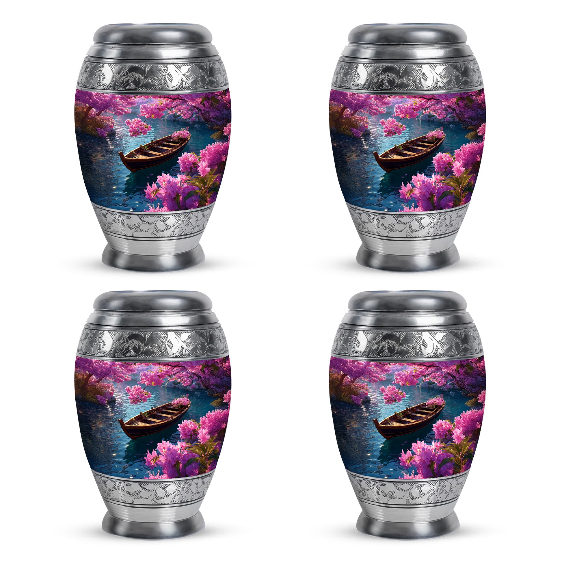 Sapphire Blue Boat Cremation Urn urn with complimentary velvet bag - majestic boat pattern with filigree border - 10 inch aluminum urn for cremated remains
