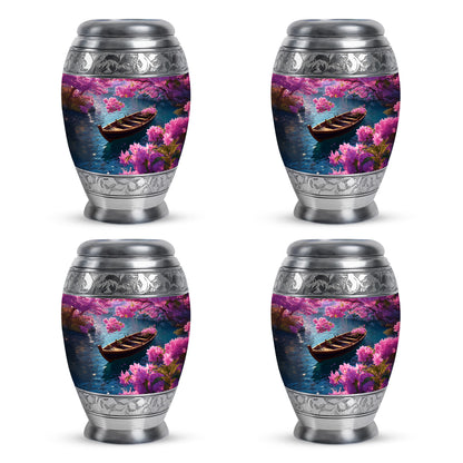 Sapphire Blue Boat Cremation Urn urn with complimentary velvet bag - majestic boat pattern with filigree border - 10 inch aluminum urn for cremated remains