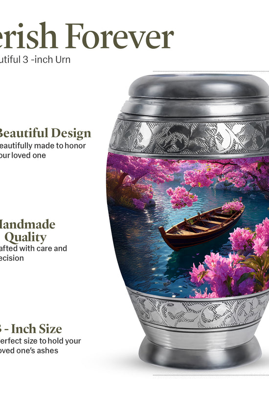Navy Blue Boat Cremation Urn lifestyle display on memorial shelf - regal boat design with crown-inspired accents - mini keepsake memorial for portion of cremation ashes