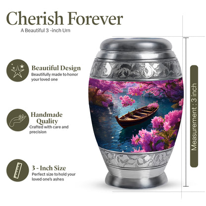 Navy Blue Boat Cremation Urn lifestyle display on memorial shelf - regal boat design with crown-inspired accents - mini keepsake memorial for portion of cremation ashes