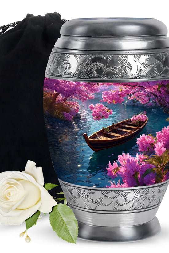 Pastel Blue Boat Cremation Urn back view with polished surface - regal boat design with crown-inspired accents - full-size 10 inch 200 cubic inch adult cremation urn