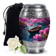 Pastel Blue Boat Cremation Urn back view with polished surface - regal boat design with crown-inspired accents - full-size 10 inch 200 cubic inch adult cremation urn