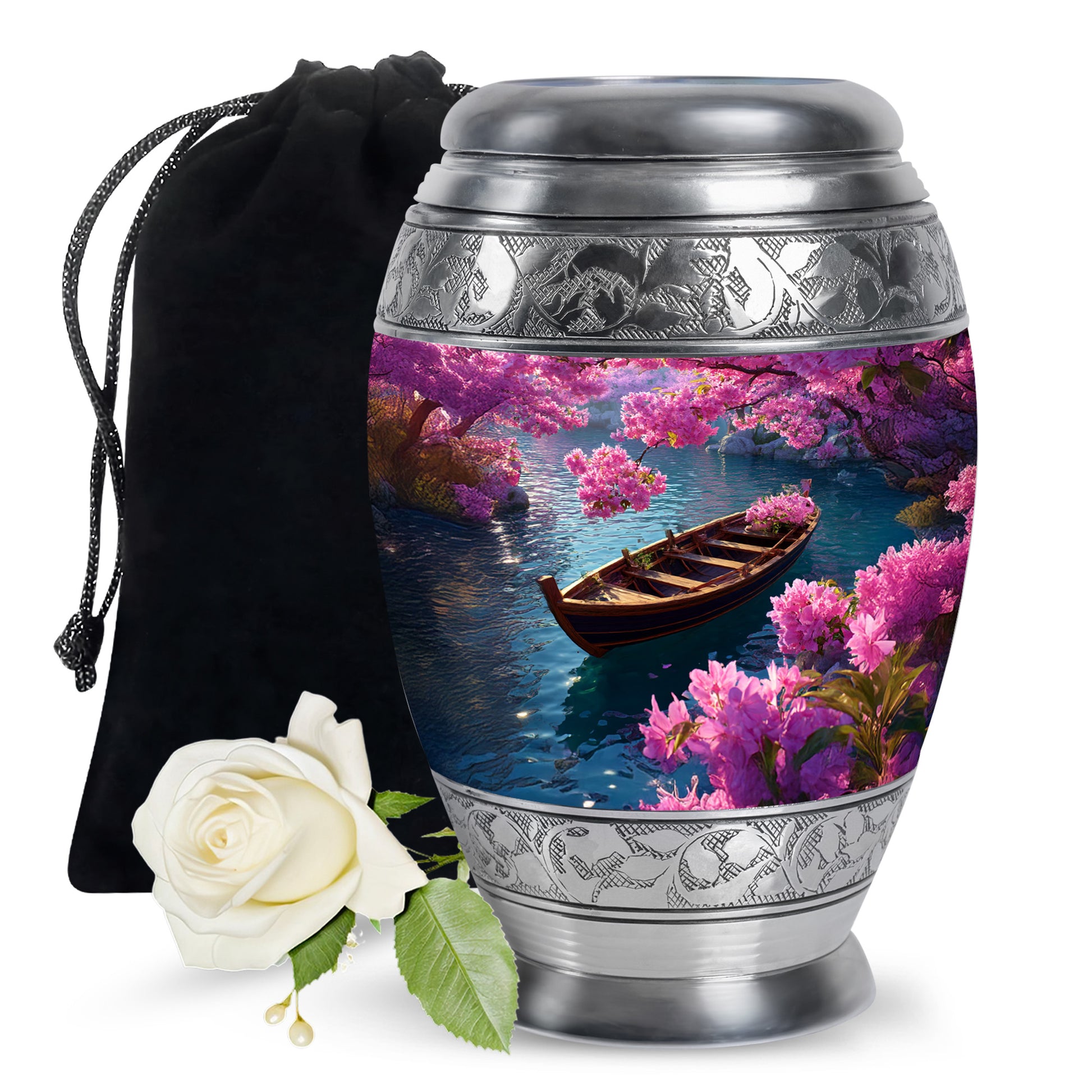 Pastel Blue Boat Cremation Urn back view with polished surface - regal boat design with crown-inspired accents - full-size 10 inch 200 cubic inch adult cremation urn