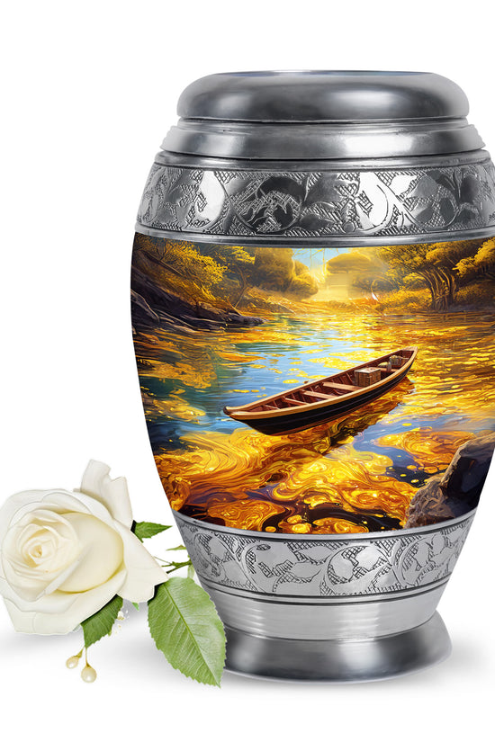 Inspiring Gold Boat Benediction Urn for Human Ashes - 10-inch, 200 cu in - Karyliz