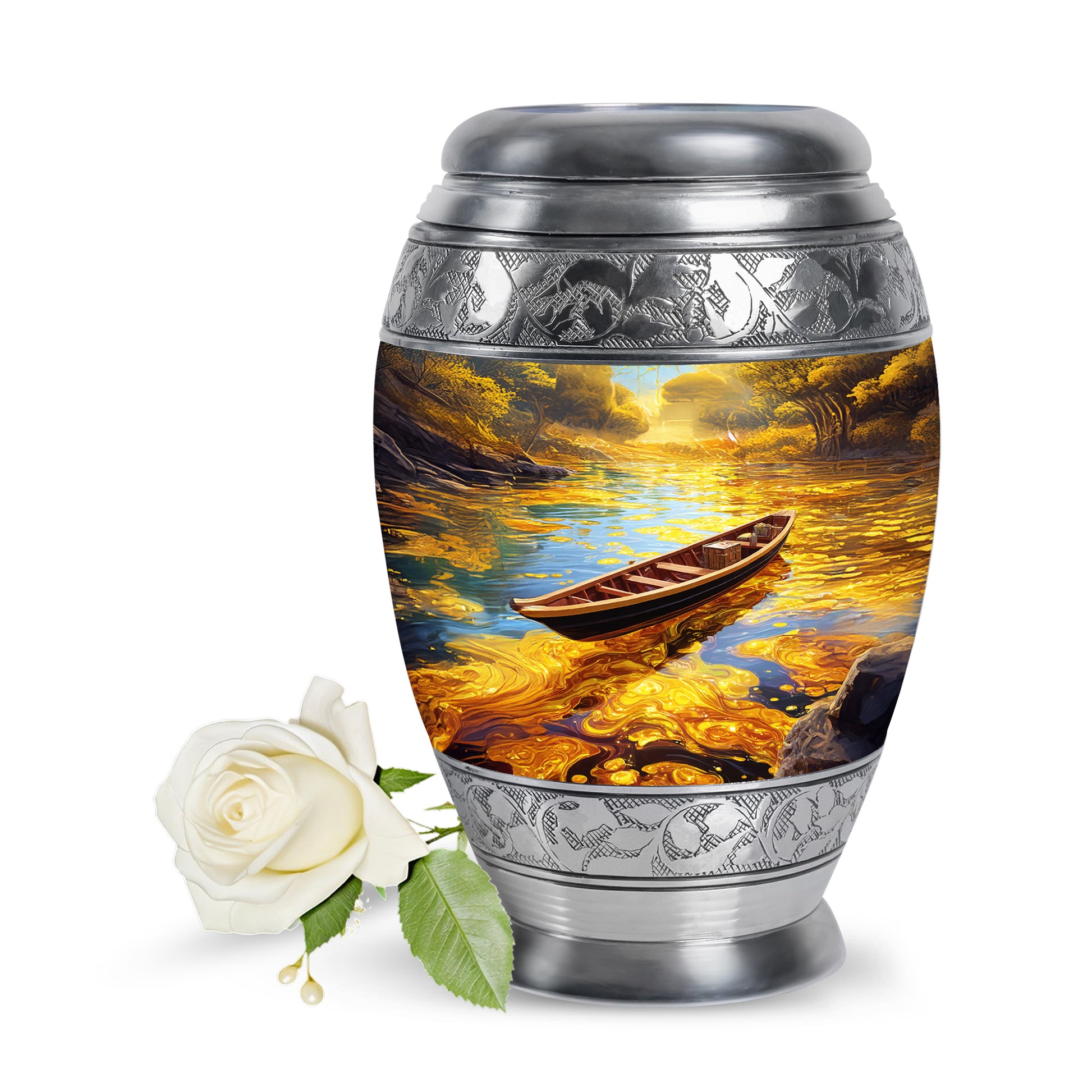 Inspiring Gold Boat Benediction Urn for Human Ashes - 10-inch, 200 cu in - Karyliz