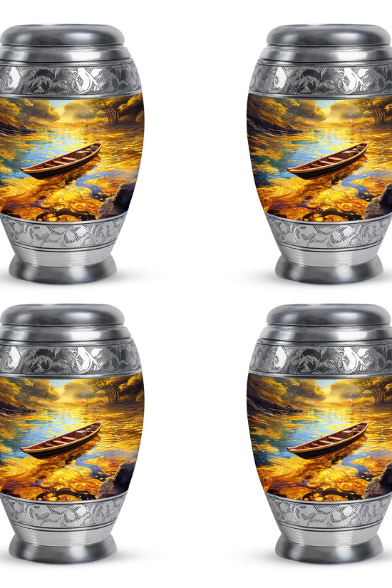 Burnished Gold Boat Cremation Urn urn with complimentary velvet bag - royal boat engraving with decorative scrollwork - 10 inch aluminum urn for cremated remains