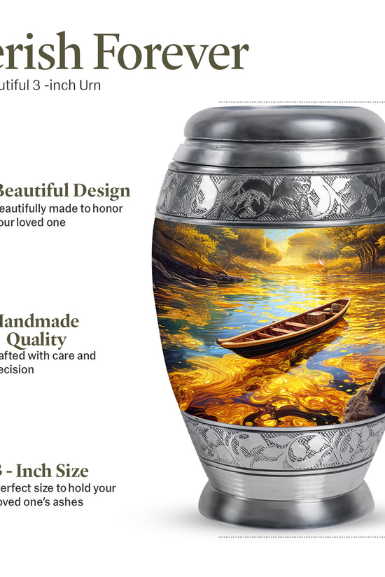Antique Gold Boat Cremation Urn lifestyle display on memorial shelf - ornate monarch-style boat relief on brushed aluminum - mini keepsake memorial for portion of cremation ashes