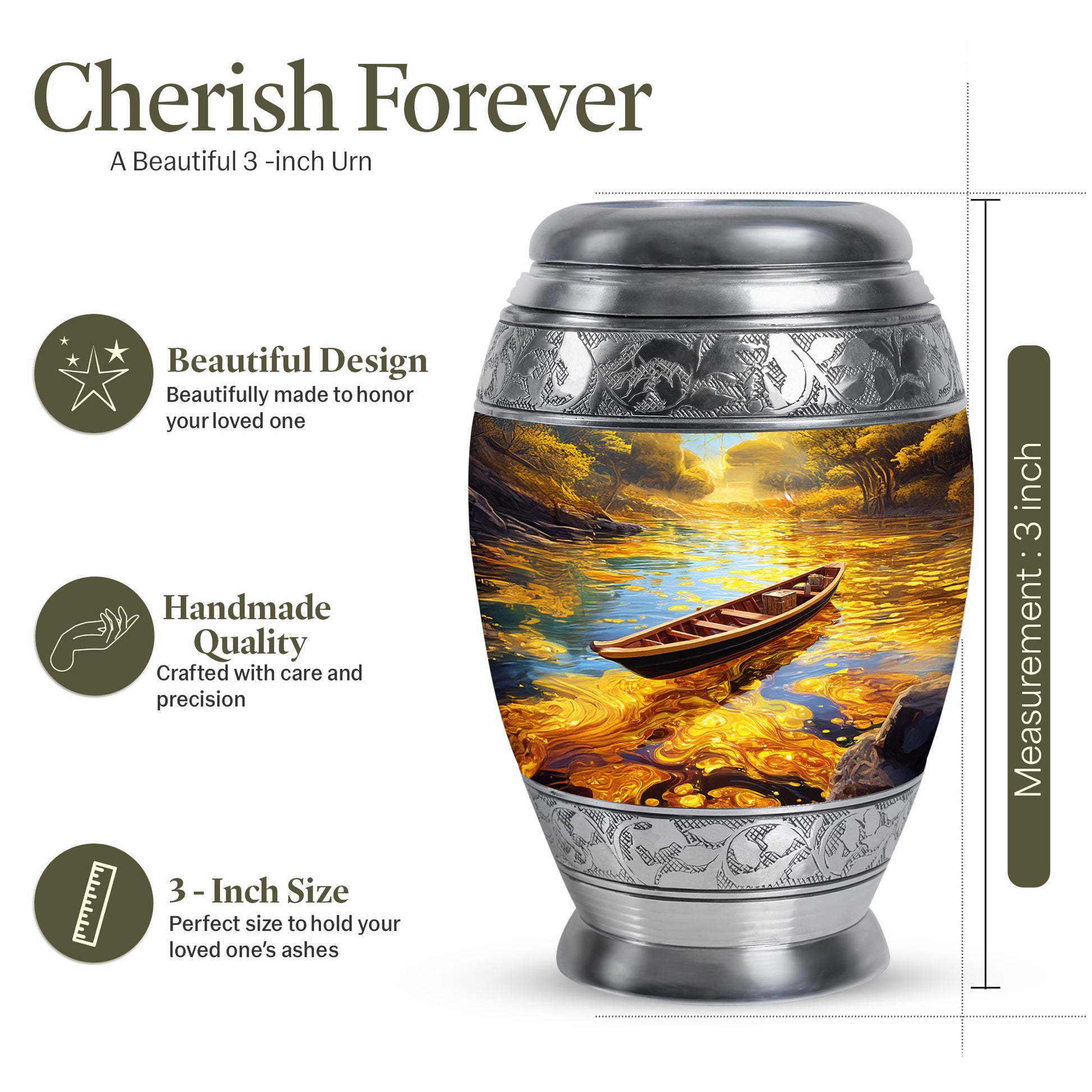 Antique Gold Boat Cremation Urn lifestyle display on memorial shelf - ornate monarch-style boat relief on brushed aluminum - mini keepsake memorial for portion of cremation ashes