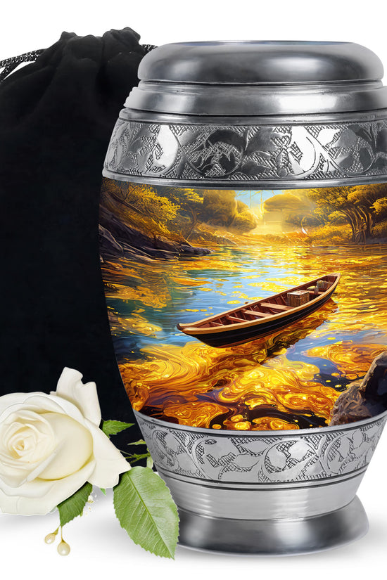 Warm Gold Boat Cremation Urn back view with polished surface - royal boat engraving with decorative scrollwork - full-size 10 inch 200 cubic inch adult cremation urn