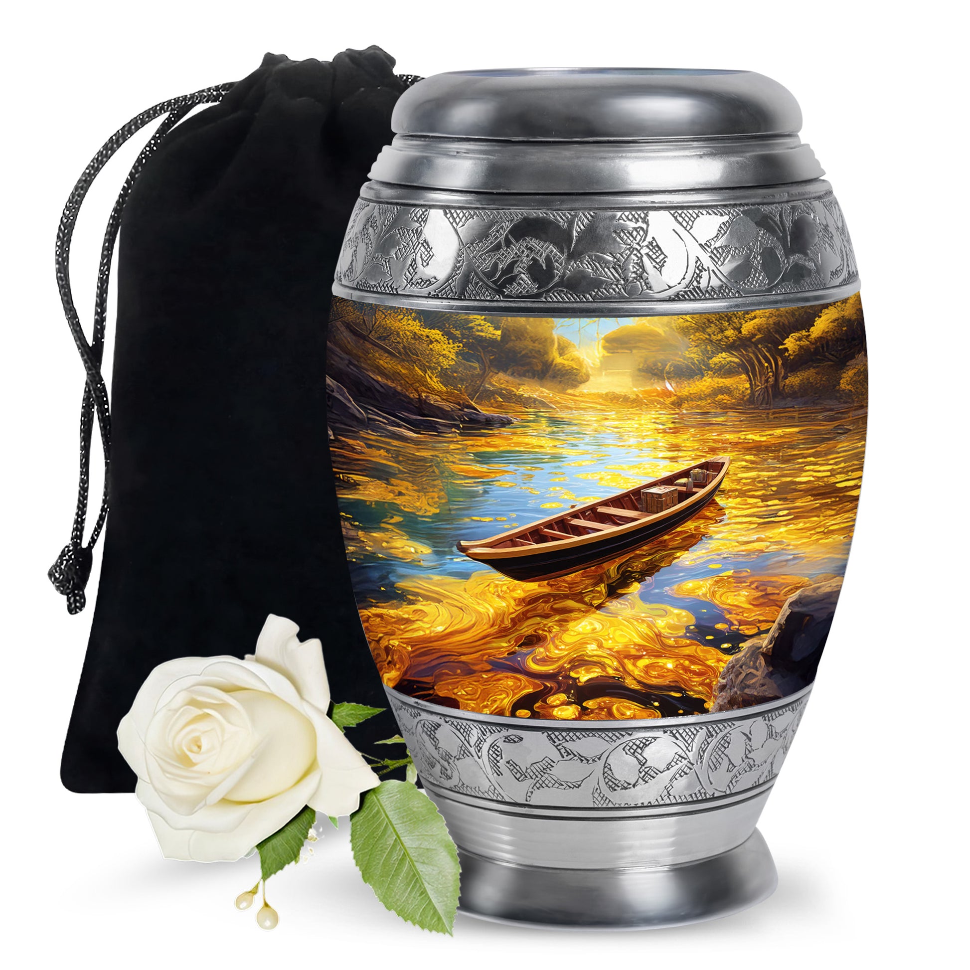 Warm Gold Boat Cremation Urn back view with polished surface - royal boat engraving with decorative scrollwork - full-size 10 inch 200 cubic inch adult cremation urn