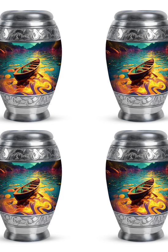 Jewel Teal Boat Cremation Urn urn with complimentary velvet bag - regal boat design with crown-inspired accents - 10 inch aluminum urn for cremated remains