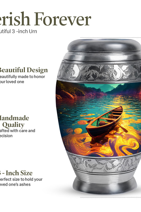 Soft Teal Boat Cremation Urn lifestyle display on memorial shelf - regal boat design with crown-inspired accents - mini keepsake memorial for portion of cremation ashes