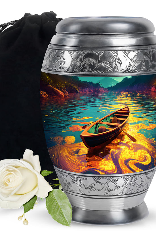 Soft Teal Boat Cremation Urn back view with polished surface - regal boat design with crown-inspired accents - full-size 10 inch 200 cubic inch adult cremation urn