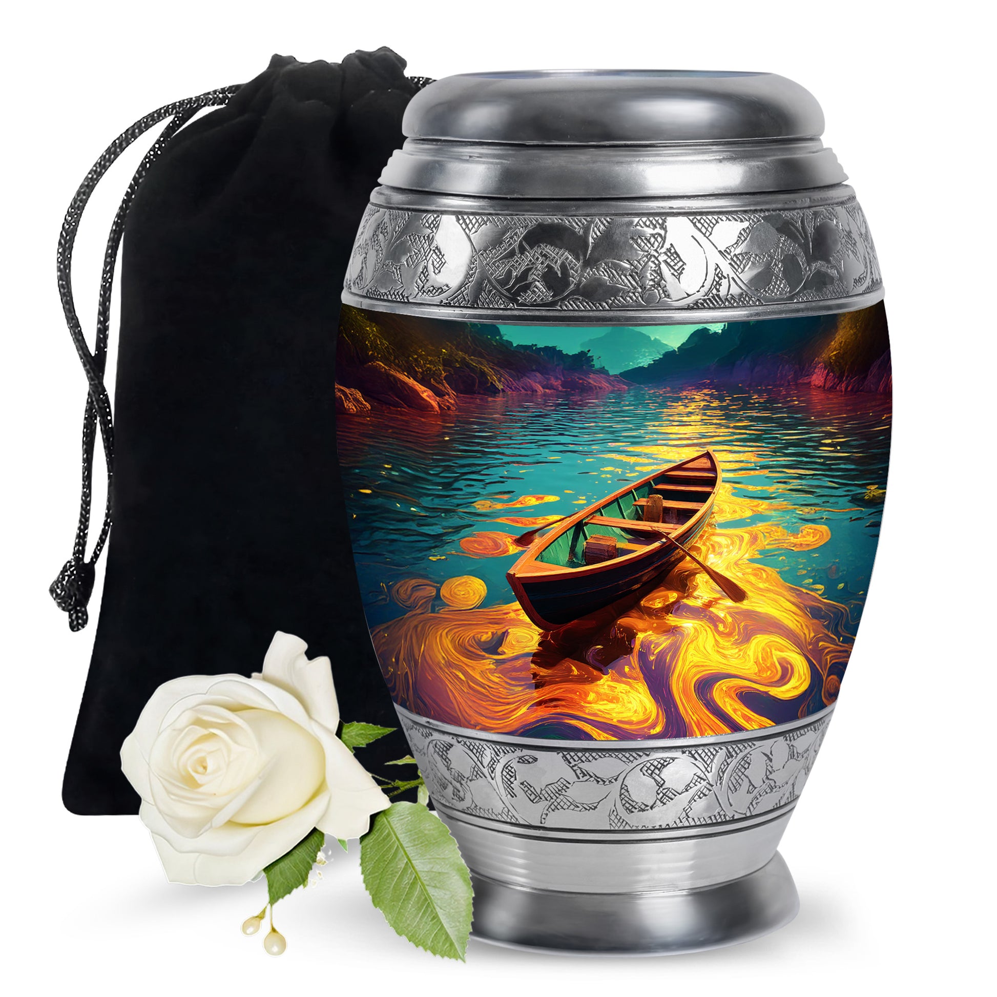 Soft Teal Boat Cremation Urn back view with polished surface - regal boat design with crown-inspired accents - full-size 10 inch 200 cubic inch adult cremation urn