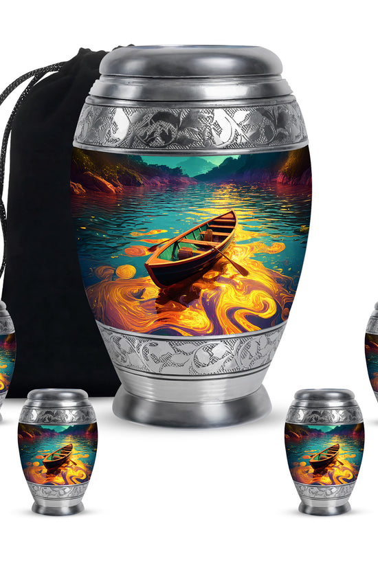 Tropical Teal Boat Cremation Urn detail view - majestic boat pattern with filigree border - memorial set with one large and four small urns