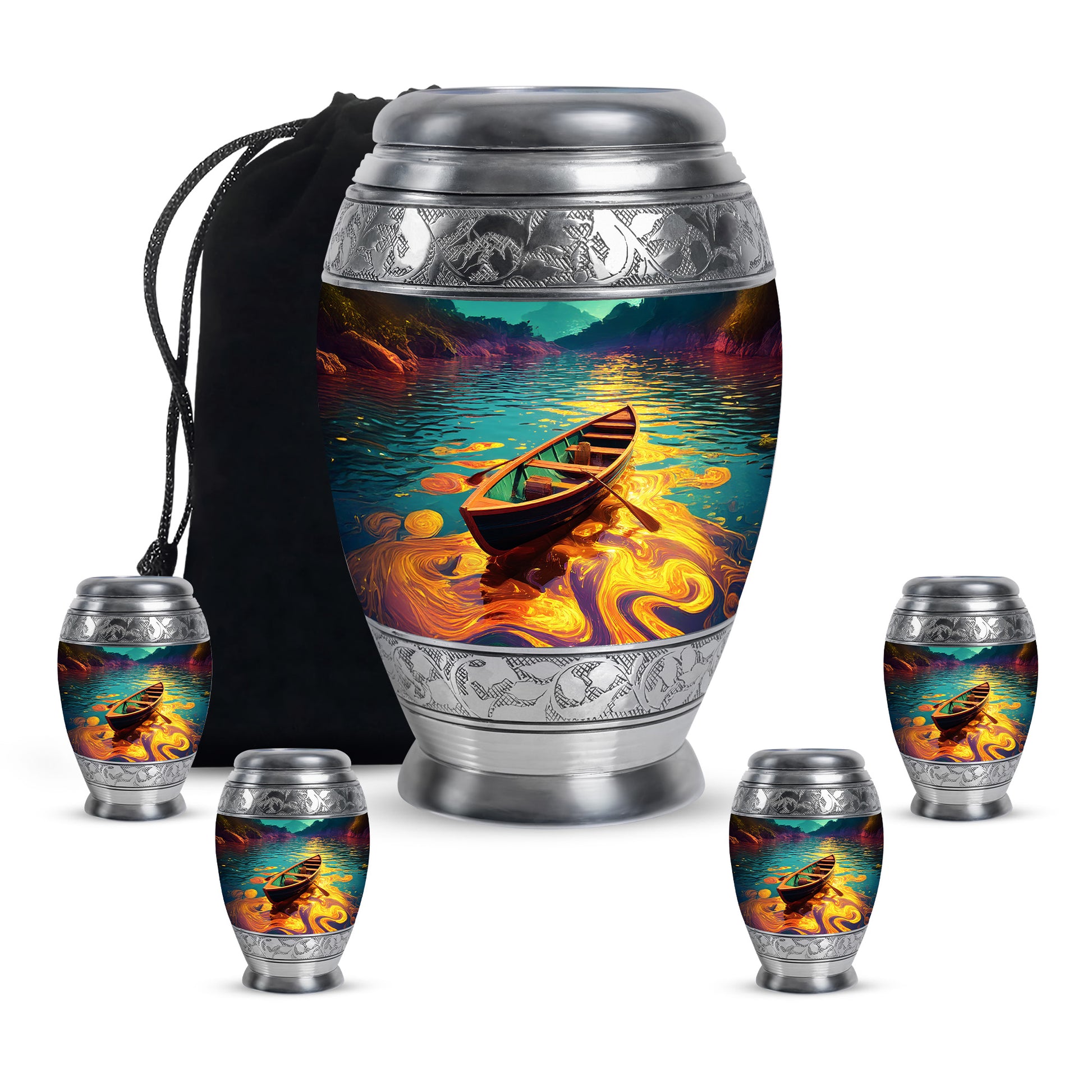 Tropical Teal Boat Cremation Urn detail view - majestic boat pattern with filigree border - memorial set with one large and four small urns