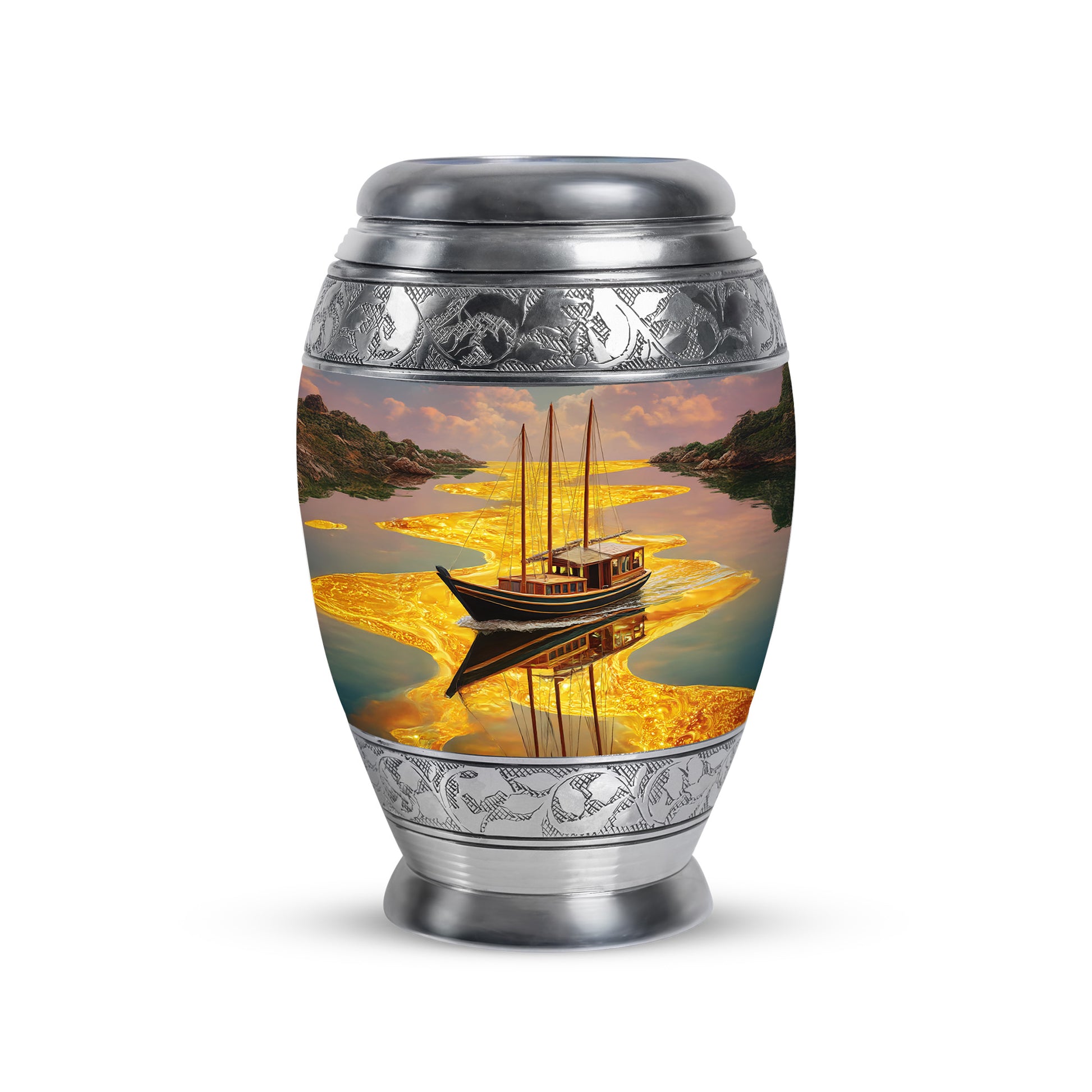 Gold Boat Cremation Urns - Imperial Remembrance 10-inch, 200 cu in - Karyliz