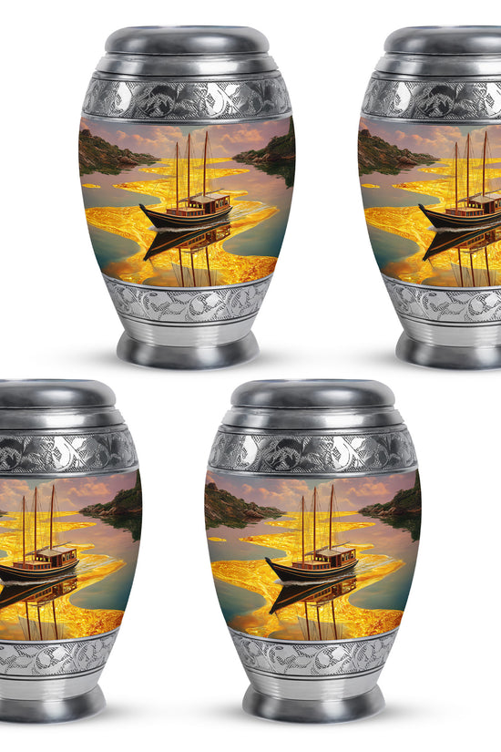 Matte Gold Boat Cremation Urn urn with complimentary velvet bag - majestic boat pattern with filigree border - 10 inch aluminum urn for cremated remains
