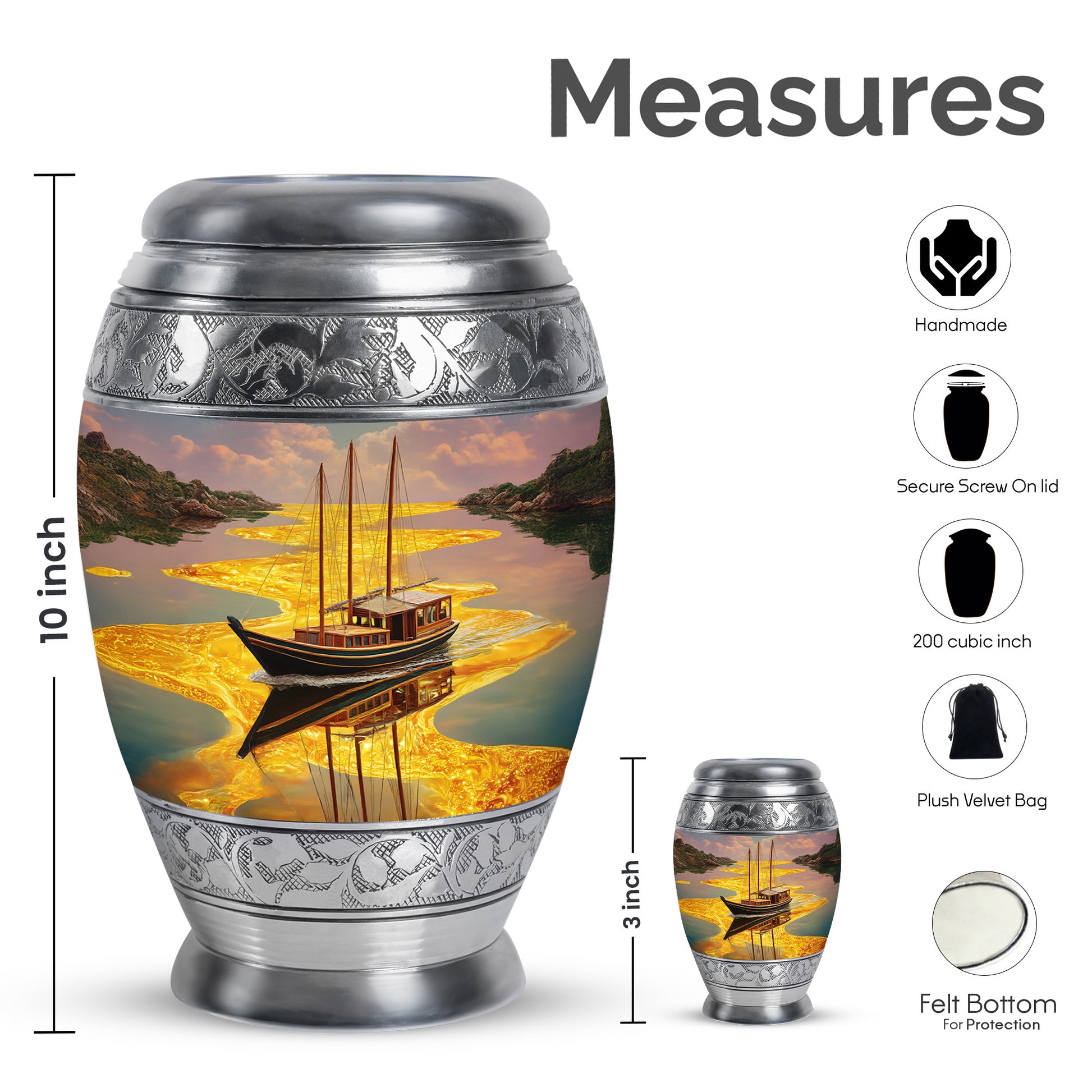 Harvest Gold Boat Cremation Urn lifestyle display on memorial shelf - royal boat engraving with decorative scrollwork - mini keepsake memorial for portion of cremation ashes