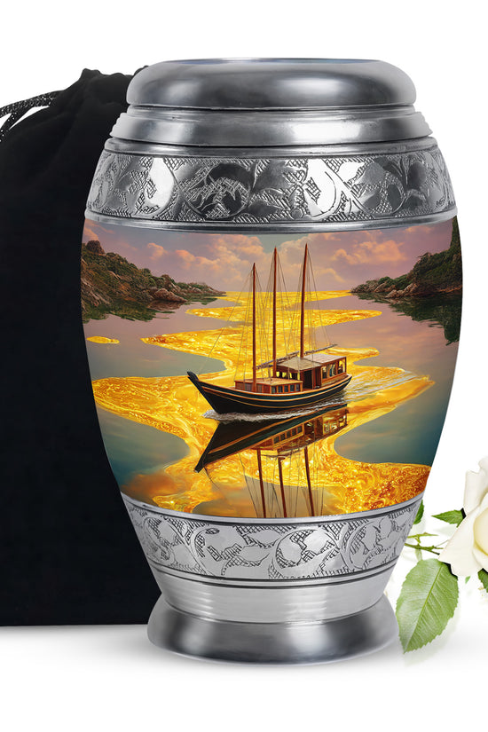 Champagne Gold Boat Cremation Urn back view with polished surface - regal boat design with crown-inspired accents - full-size 10 inch 200 cubic inch adult cremation urn
