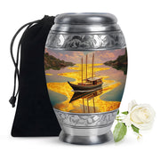 Champagne Gold Boat Cremation Urn back view with polished surface - regal boat design with crown-inspired accents - full-size 10 inch 200 cubic inch adult cremation urn