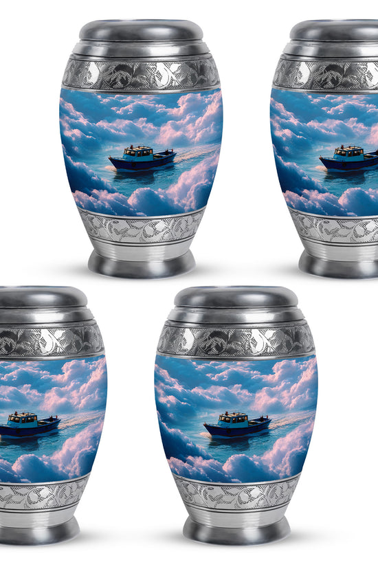 Royal Blue Boat Cremation Urn urn with complimentary velvet bag - majestic boat pattern with filigree border - 10 inch aluminum urn for cremated remains
