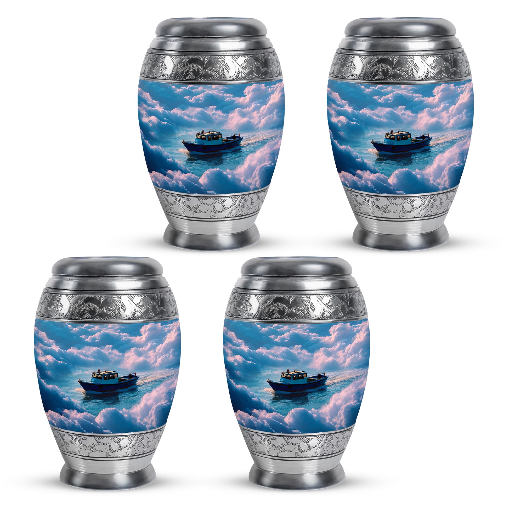 Royal Blue Boat Cremation Urn urn with complimentary velvet bag - majestic boat pattern with filigree border - 10 inch aluminum urn for cremated remains