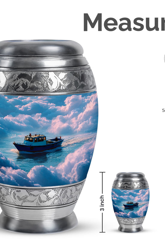 Slate Blue Boat Cremation Urn lifestyle display on memorial shelf - regal boat design with crown-inspired accents - mini keepsake memorial for portion of cremation ashes