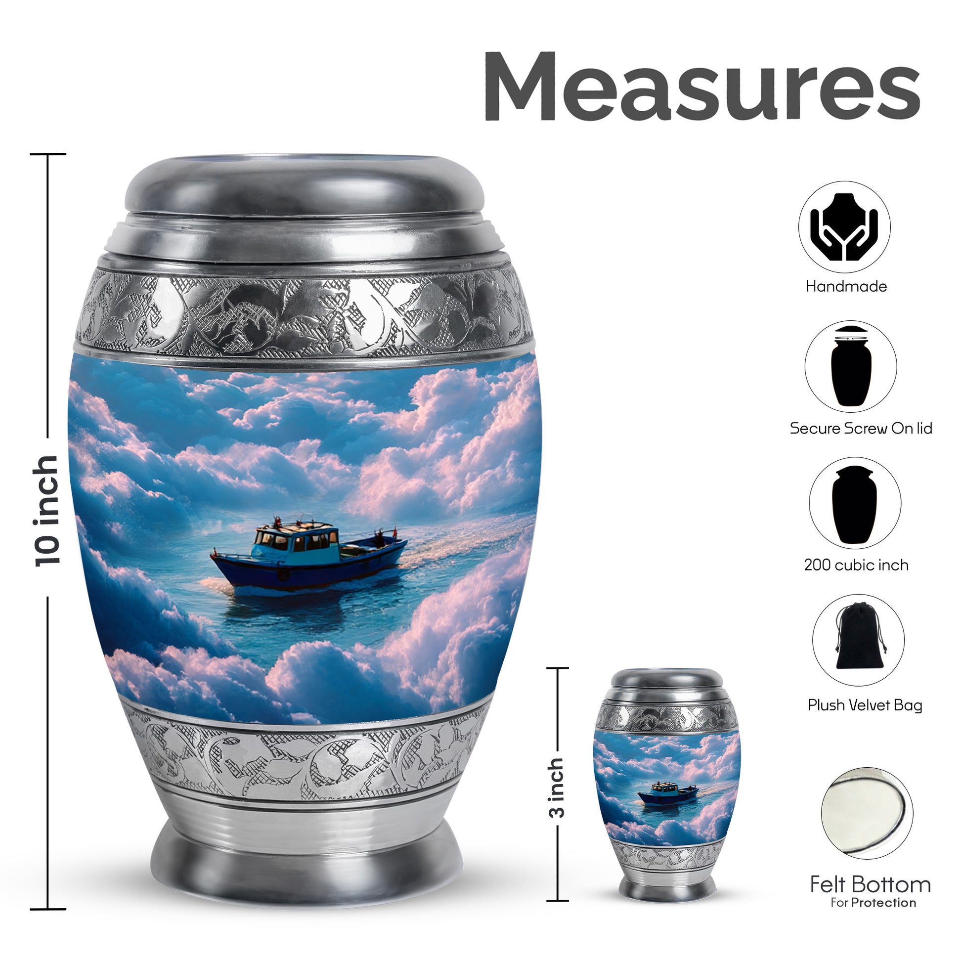 Slate Blue Boat Cremation Urn lifestyle display on memorial shelf - regal boat design with crown-inspired accents - mini keepsake memorial for portion of cremation ashes