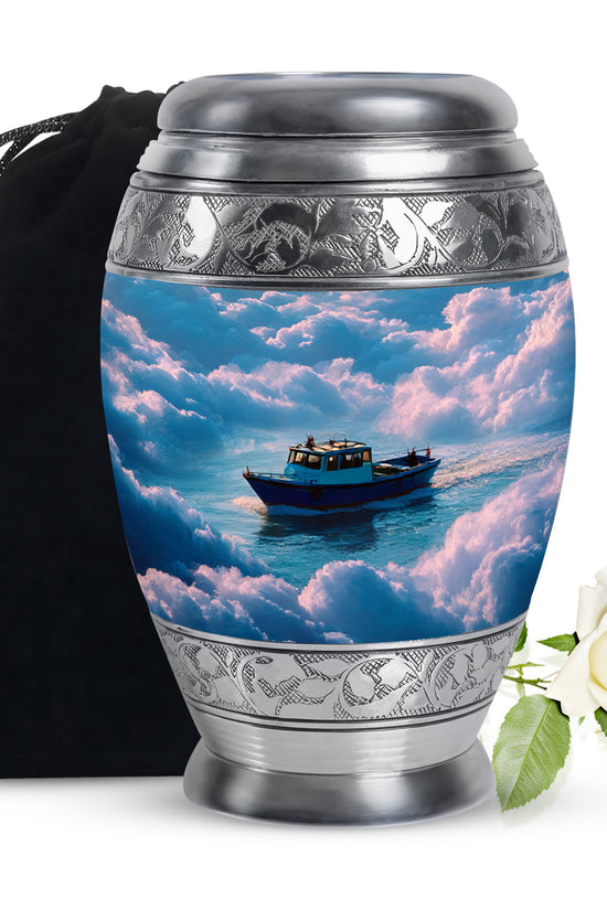 Azure Boat Cremation Urn back view with polished surface - regal boat design with crown-inspired accents - full-size 10 inch 200 cubic inch adult cremation urn