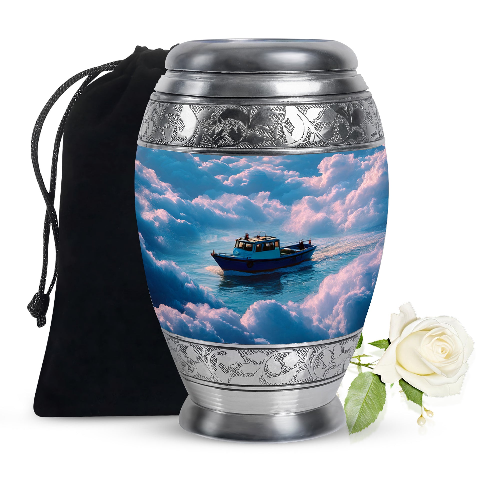 Azure Boat Cremation Urn back view with polished surface - regal boat design with crown-inspired accents - full-size 10 inch 200 cubic inch adult cremation urn