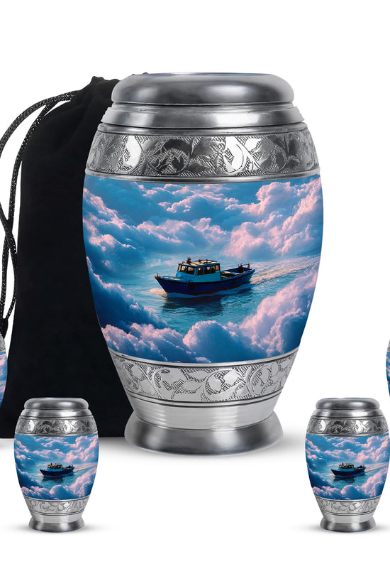 Bright Blue Boat Cremation Urn detail view - royal boat engraving with decorative scrollwork - memorial set with one large and four small urns