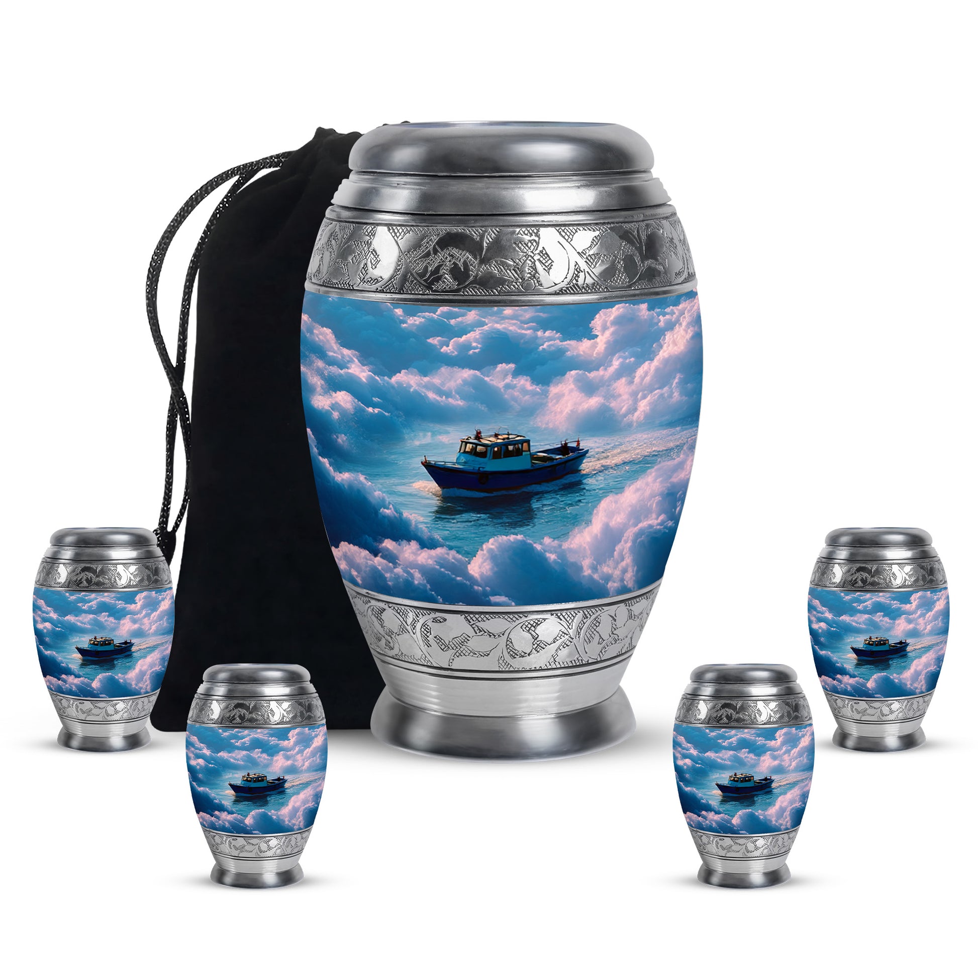 Bright Blue Boat Cremation Urn detail view - royal boat engraving with decorative scrollwork - memorial set with one large and four small urns