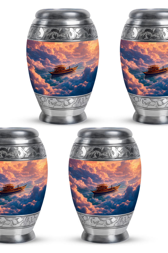 Ruby Red Boat Cremation Urn urn with complimentary velvet bag - majestic boat pattern with filigree border - 10 inch aluminum urn for cremated remains