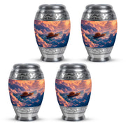 Ruby Red Boat Cremation Urn urn with complimentary velvet bag - majestic boat pattern with filigree border - 10 inch aluminum urn for cremated remains