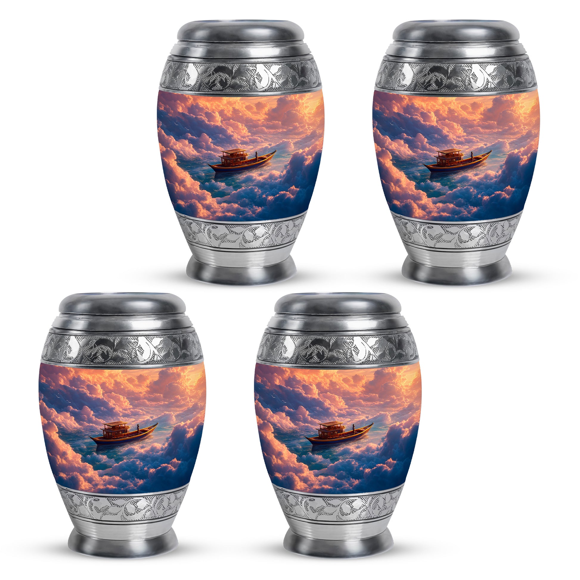 Ruby Red Boat Cremation Urn urn with complimentary velvet bag - majestic boat pattern with filigree border - 10 inch aluminum urn for cremated remains
