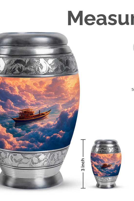 Crimson Red Boat Cremation Urn lifestyle display on memorial shelf - ornate monarch-style boat relief on brushed aluminum - mini keepsake memorial for portion of cremation ashes