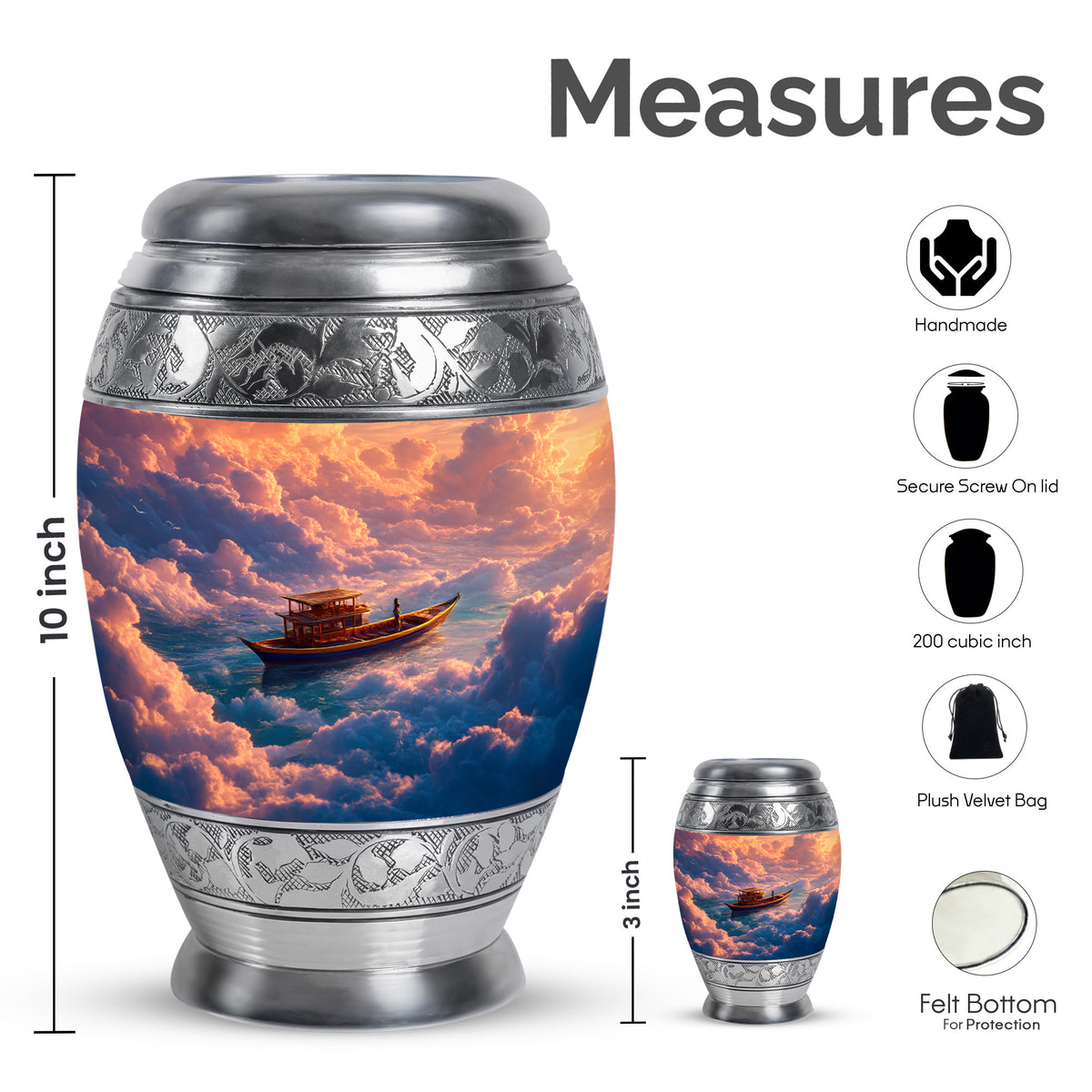 Crimson Red Boat Cremation Urn lifestyle display on memorial shelf - ornate monarch-style boat relief on brushed aluminum - mini keepsake memorial for portion of cremation ashes