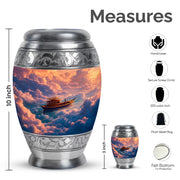 Crimson Red Boat Cremation Urn lifestyle display on memorial shelf - ornate monarch-style boat relief on brushed aluminum - mini keepsake memorial for portion of cremation ashes