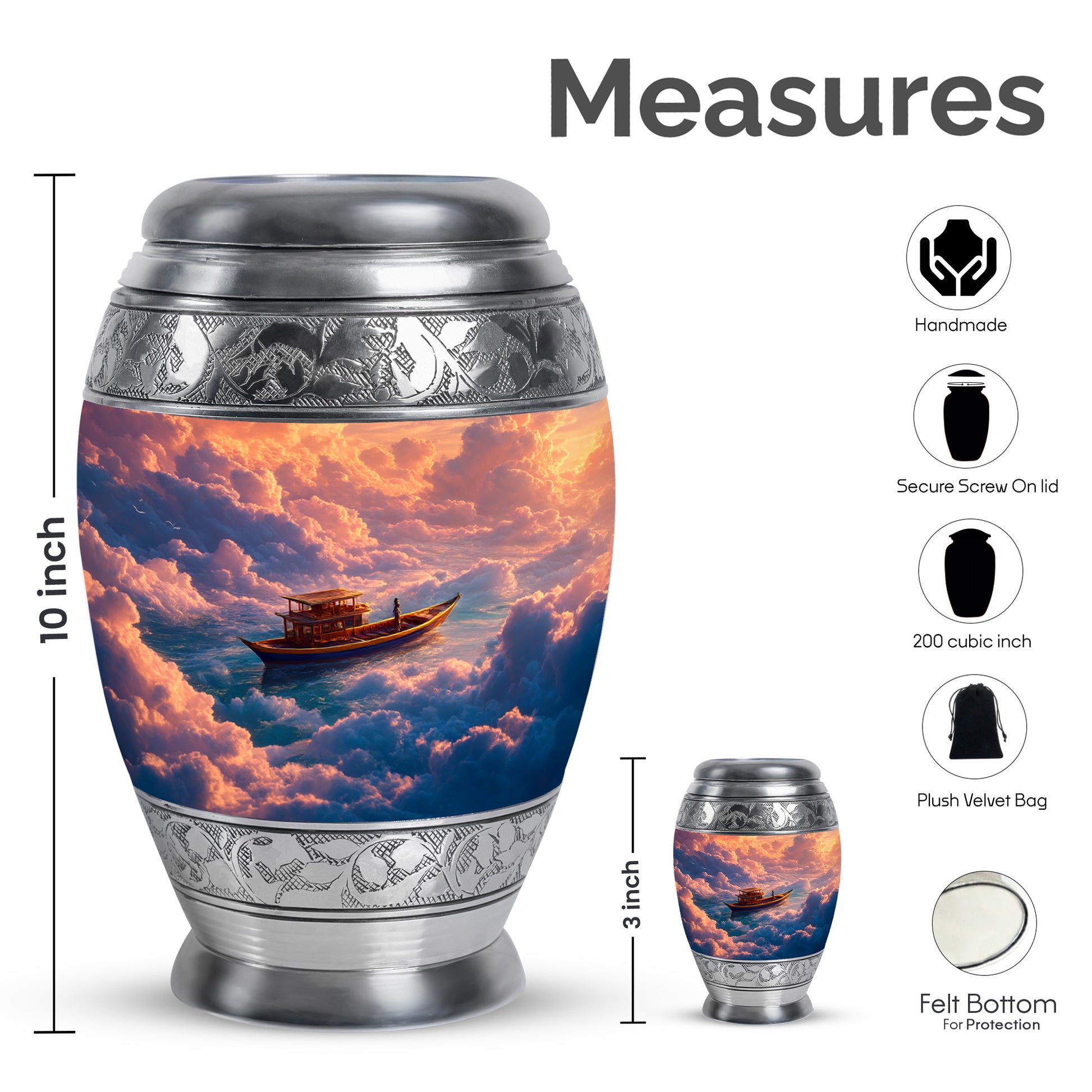 Crimson Red Boat Cremation Urn lifestyle display on memorial shelf - ornate monarch-style boat relief on brushed aluminum - mini keepsake memorial for portion of cremation ashes