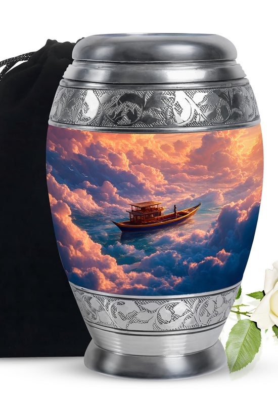 Garnet Red Boat Cremation Urn back view with polished surface - regal boat design with crown-inspired accents - full-size 10 inch 200 cubic inch adult cremation urn