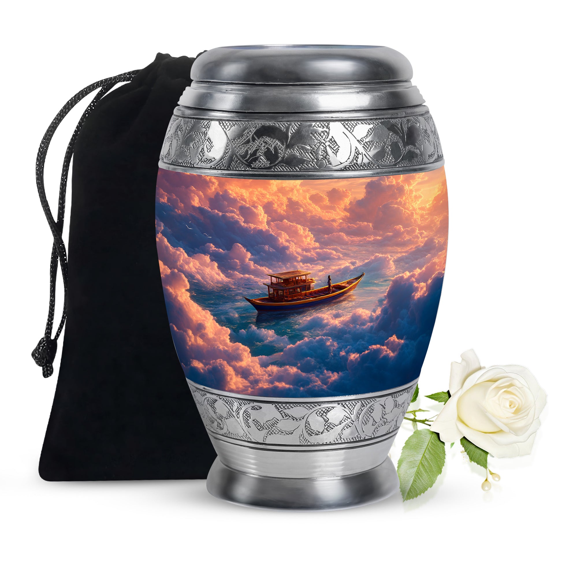Garnet Red Boat Cremation Urn back view with polished surface - regal boat design with crown-inspired accents - full-size 10 inch 200 cubic inch adult cremation urn