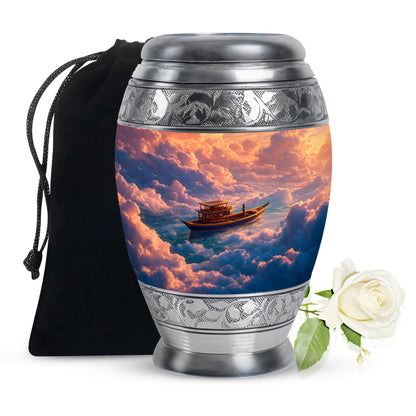 Garnet Red Boat Cremation Urn back view with polished surface - regal boat design with crown-inspired accents - full-size 10 inch 200 cubic inch adult cremation urn