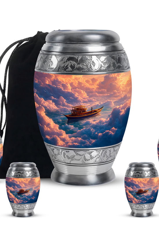 Burgundy Red Boat Cremation Urn detail view - regal boat design with crown-inspired accents - memorial set with one large and four small urns