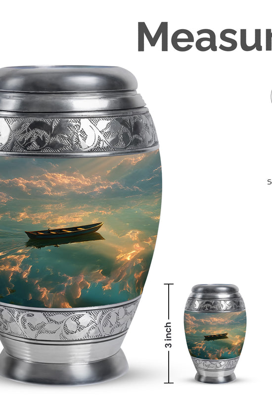 Onyx Black Boat Cremation Urn lifestyle display on memorial shelf - royal boat engraving with decorative scrollwork - mini keepsake memorial for portion of cremation ashes