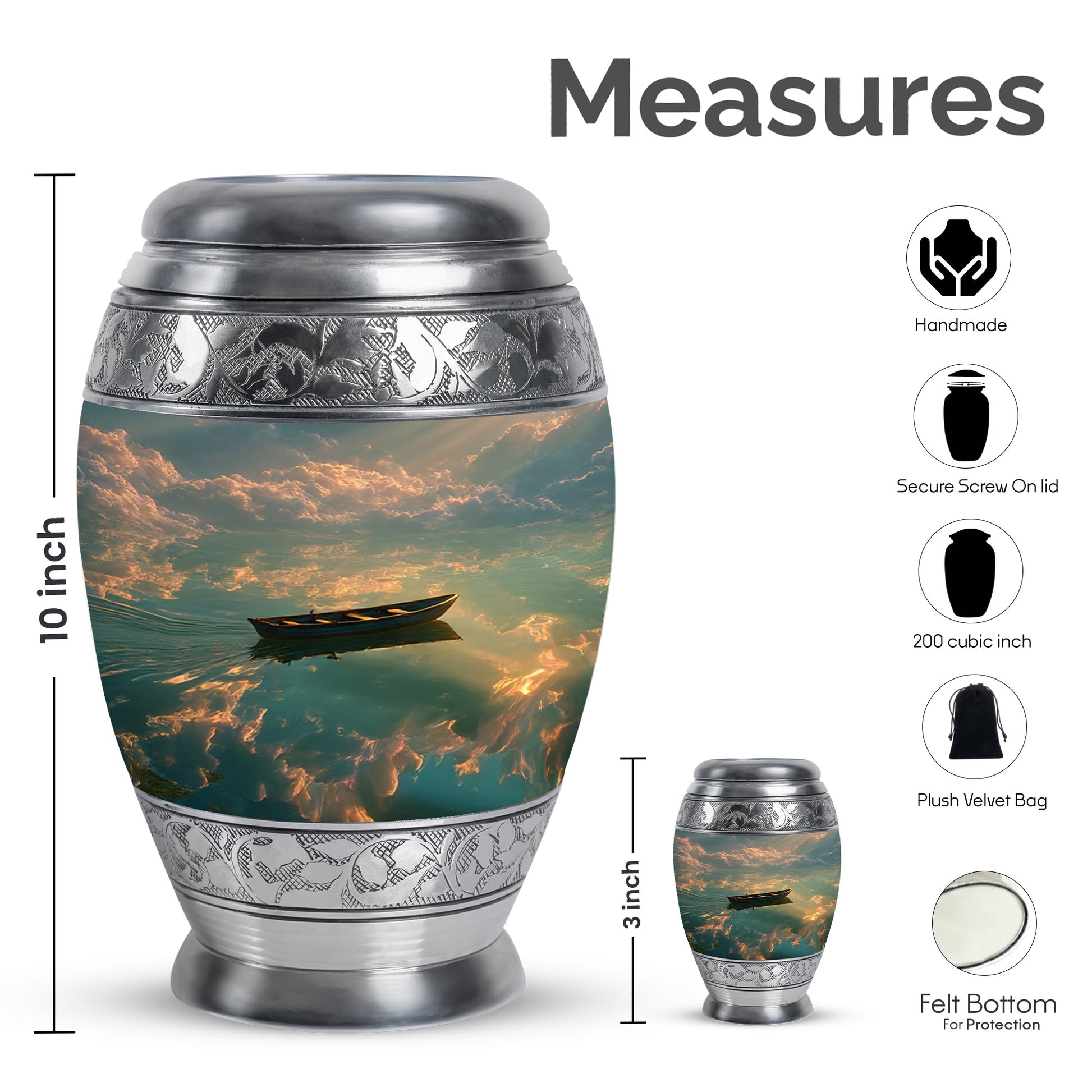 Onyx Black Boat Cremation Urn lifestyle display on memorial shelf - royal boat engraving with decorative scrollwork - mini keepsake memorial for portion of cremation ashes
