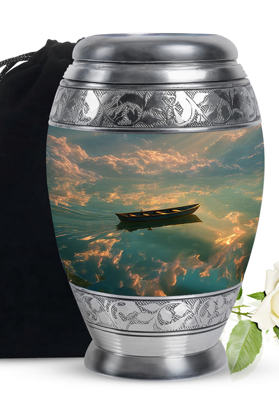 Rich Black Boat Cremation Urn back view with polished surface - regal boat design with crown-inspired accents - full-size 10 inch 200 cubic inch adult cremation urn