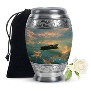 Rich Black Boat Cremation Urn back view with polished surface - regal boat design with crown-inspired accents - full-size 10 inch 200 cubic inch adult cremation urn