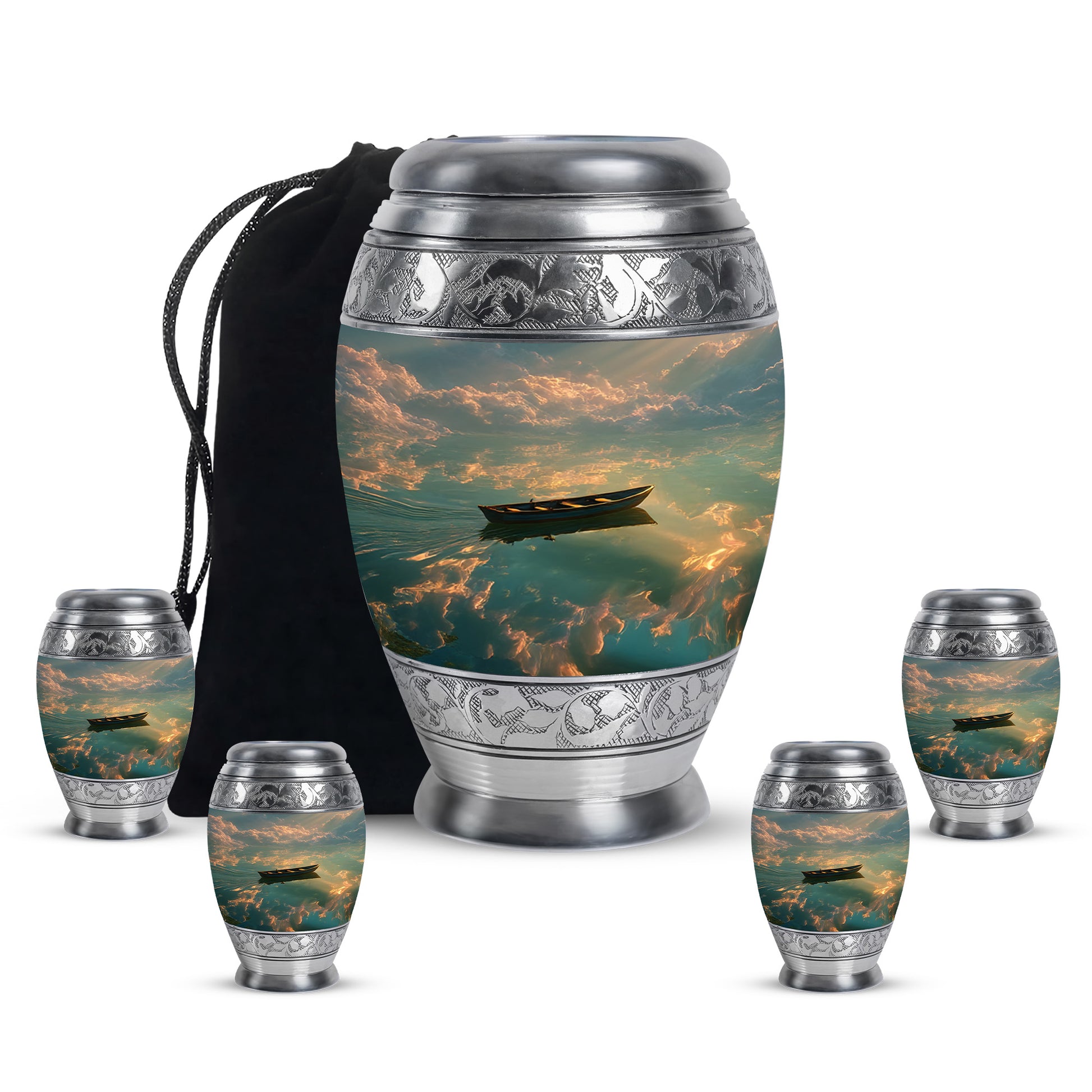 Midnight Black Boat Cremation Urn detail view - majestic boat pattern with filigree border - memorial set with one large and four small urns