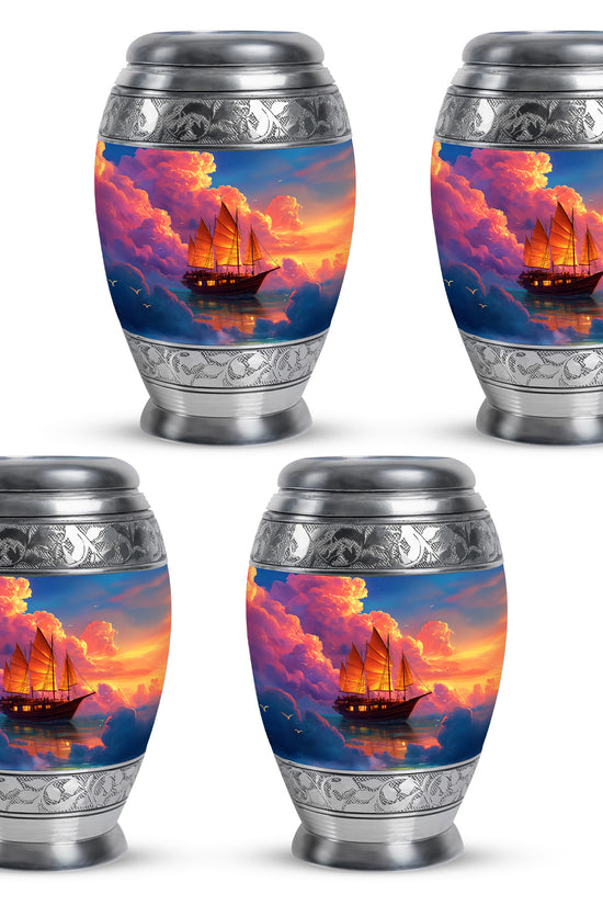 Cornflower Blue Boat Cremation Urn urn with complimentary velvet bag - royal boat engraving with decorative scrollwork - 10 inch aluminum urn for cremated remains